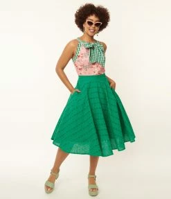 SHEEN Clothing Ltd Green Floral Eyelet Angelina Swing Skirt