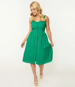 SHEEN Clothing Ltd Green Eyelet Button Up Sundress
