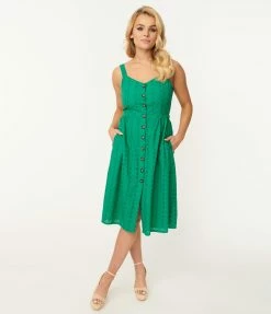 SHEEN Clothing Ltd Green Eyelet Button Up Sundress