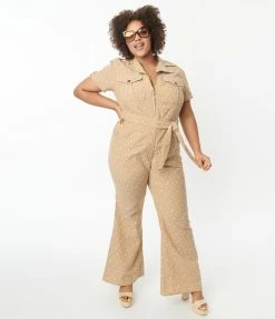 Smak Parlour Plus Size Tan & White Stars Flare Jumpsuit Rompers & Jumpsuits