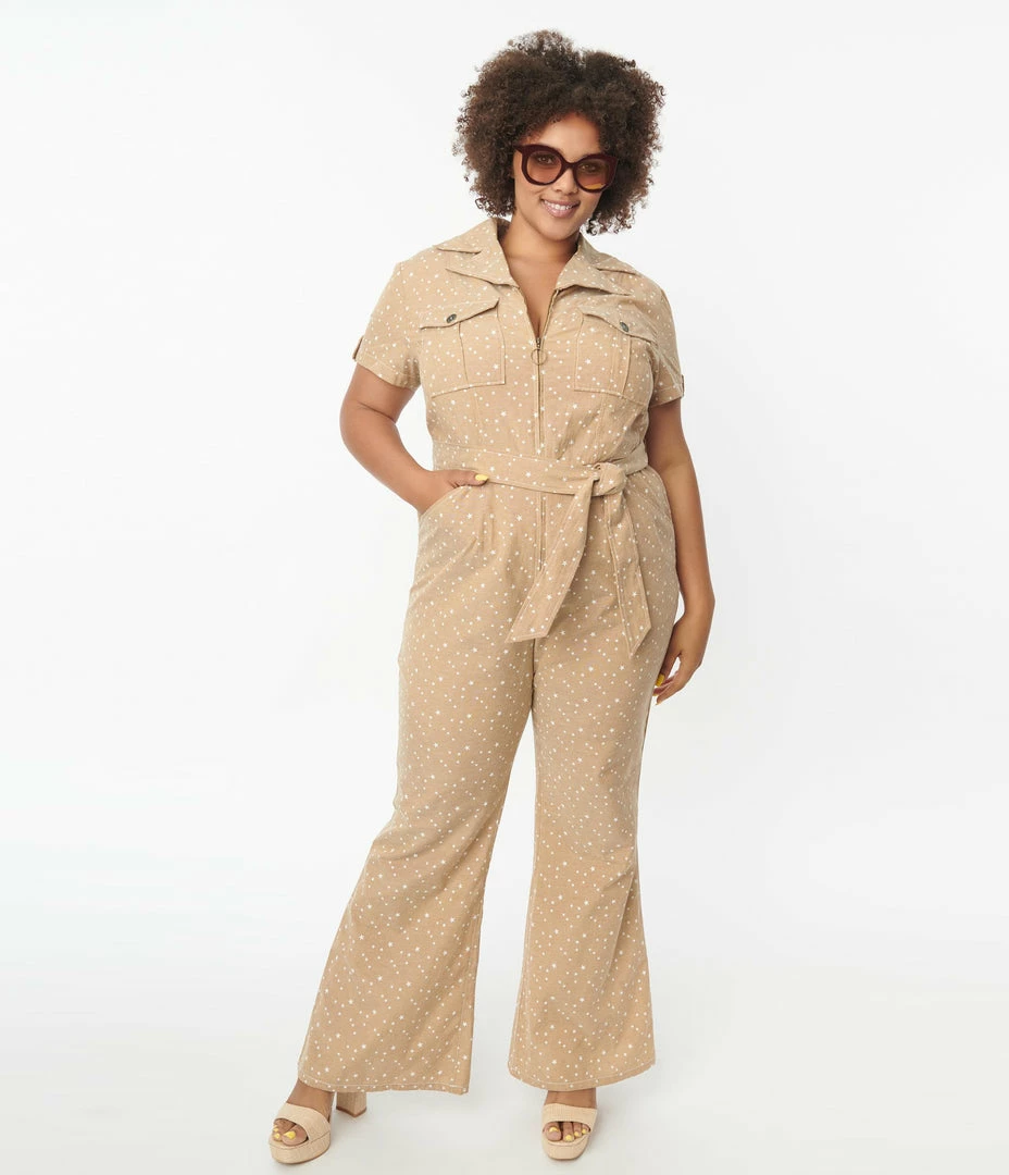 Smak Parlour Plus Size Tan & White Stars Flare Jumpsuit Rompers & Jumpsuits