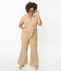 Smak Parlour Plus Size Tan & White Stars Flare Jumpsuit Rompers & Jumpsuits
