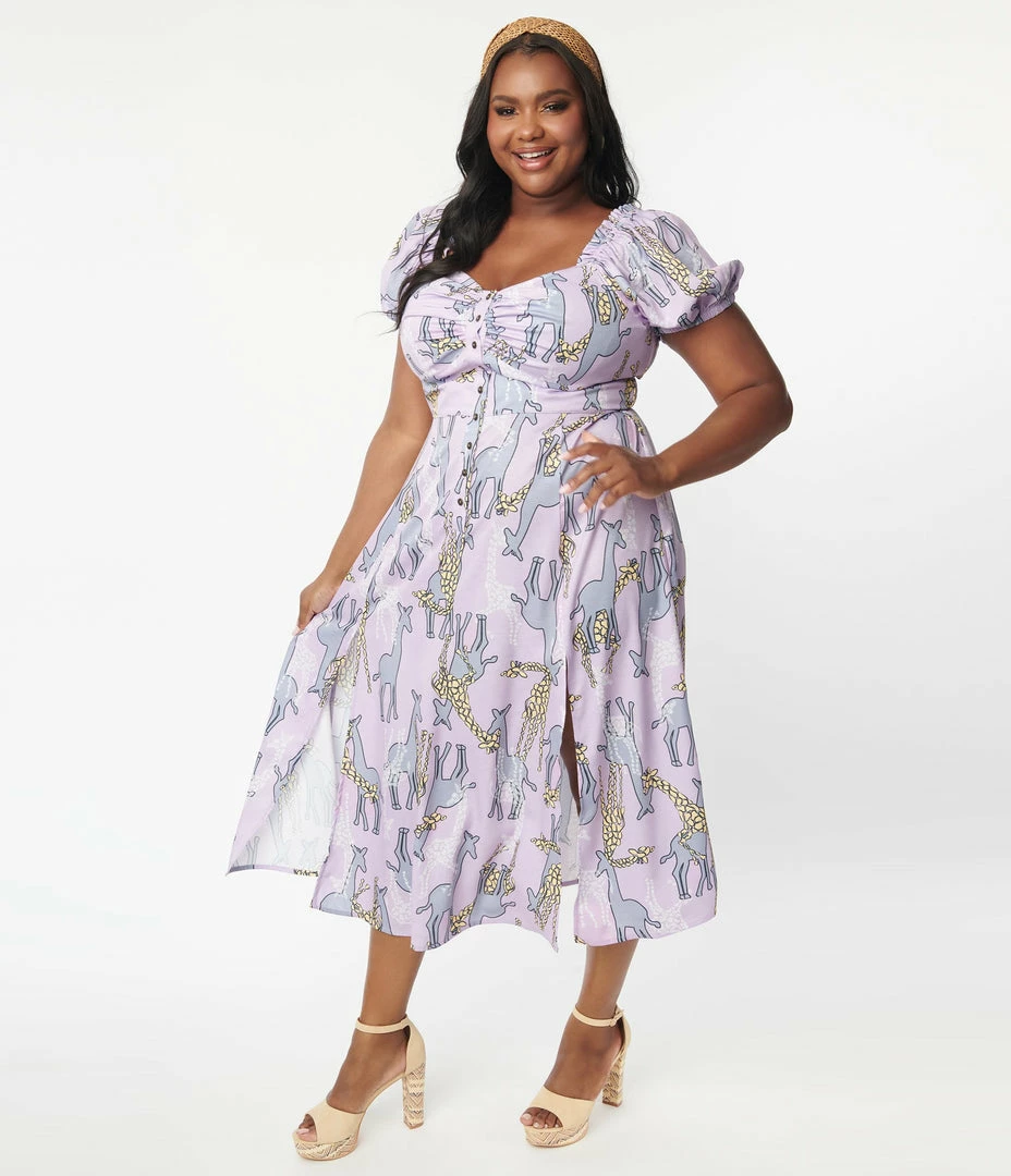 Unique Vintage Plus Size Purple & Giraffe Print Midi Dress