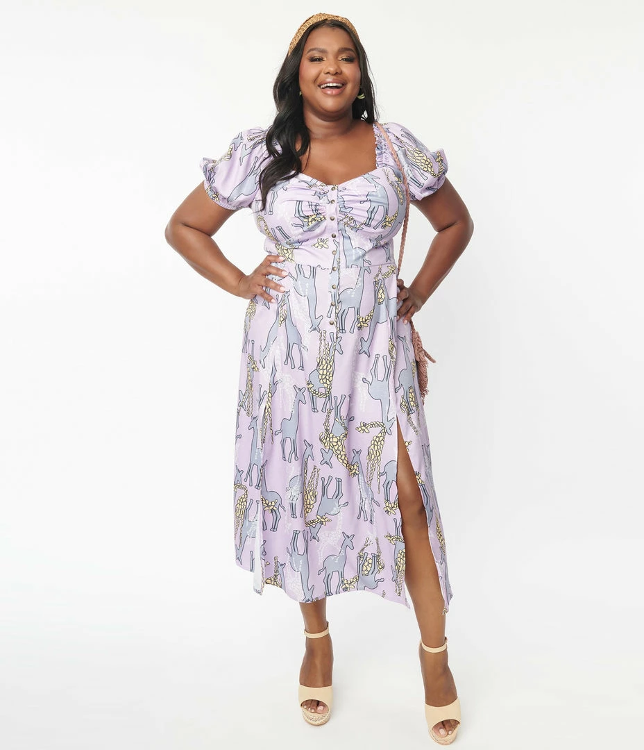 Unique Vintage Plus Size Purple & Giraffe Print Midi Dress