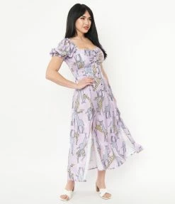 Unique Vintage Purple & Giraffe Print Midi Dress
