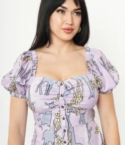 Unique Vintage Purple & Giraffe Print Midi Dress