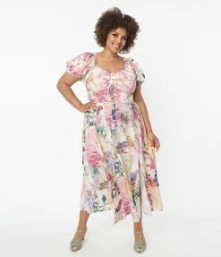 Unique Vintage Plus Size Pastel Patchwork Print Midi Dress Sale
