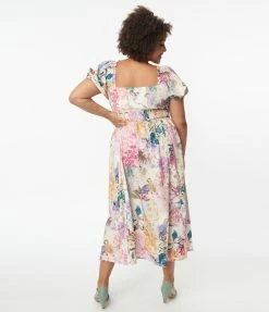 Unique Vintage Plus Size Pastel Patchwork Print Midi Dress Sale