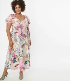 Unique Vintage Plus Size Pastel Patchwork Print Midi Dress Sale