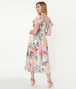 Unique Vintage Pastel Patchwork Print Midi Dress
