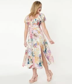 Unique Vintage Pastel Patchwork Print Midi Dress