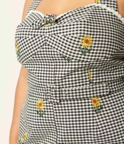 SHEEN Clothing Ltd Plus Size Black Gingham & Yellow Sunflower Davia Romper Rompers & Jumpsuits
