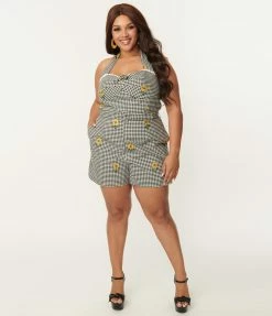 SHEEN Clothing Ltd Plus Size Black Gingham & Yellow Sunflower Davia Romper Rompers & Jumpsuits