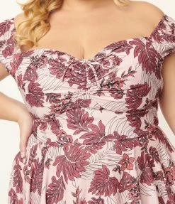 SHEEN Clothing Ltd Plus Size Light Pink & Wine Leaf Print Swing Dress