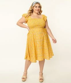 SHEEN Clothing Ltd Sale Plus Size Golden Yellow & Navy Floral Bree Swing Dress