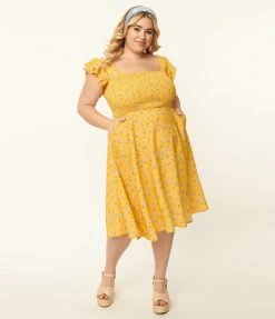 SHEEN Clothing Ltd Sale Plus Size Golden Yellow & Navy Floral Bree Swing Dress