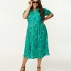 SHEEN Clothing Ltd Plus Size Retro Style Green & Black Floral Swing Dress Sale