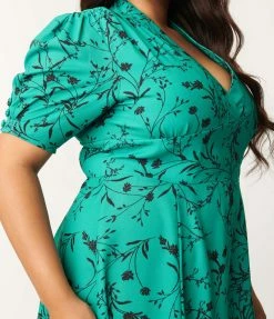 SHEEN Clothing Ltd Plus Size Retro Style Green & Black Floral Swing Dress Sale