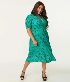 SHEEN Clothing Ltd Plus Size Retro Style Green & Black Floral Swing Dress Sale