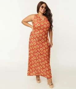 SHEEN Clothing Ltd Sale Plus Size Rust Orange & Yellow Sunflower Glini Maxi Dress