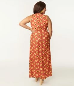 SHEEN Clothing Ltd Sale Plus Size Rust Orange & Yellow Sunflower Glini Maxi Dress