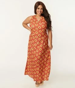 SHEEN Clothing Ltd Sale Plus Size Rust Orange & Yellow Sunflower Glini Maxi Dress