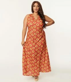 SHEEN Clothing Ltd Sale Plus Size Rust Orange & Yellow Sunflower Glini Maxi Dress