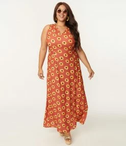 SHEEN Clothing Ltd Sale Plus Size Rust Orange & Yellow Sunflower Glini Maxi Dress
