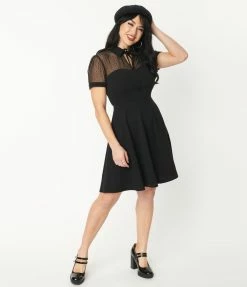 Unique Vintage Black Mesh Fit & Flare Dress