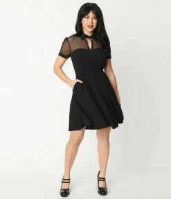 Unique Vintage Black Mesh Fit & Flare Dress