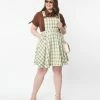 Unique Vintage Plus Size Ivory & Green Plaid Brionne Pinafore Skirt Trending