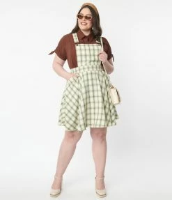 Unique Vintage Plus Size Ivory & Green Plaid Brionne Pinafore Skirt Trending