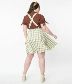Unique Vintage Plus Size Ivory & Green Plaid Brionne Pinafore Skirt Trending