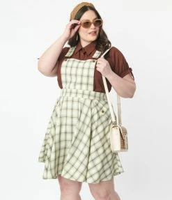Unique Vintage Plus Size Ivory & Green Plaid Brionne Pinafore Skirt Trending