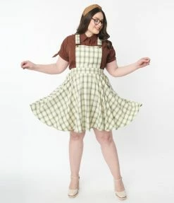 Unique Vintage Plus Size Ivory & Green Plaid Brionne Pinafore Skirt Trending