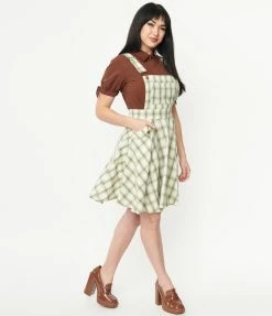 Trending Unique Vintage Ivory & Green Plaid Brionne Pinafore Skirt
