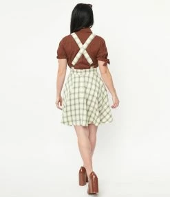 Trending Unique Vintage Ivory & Green Plaid Brionne Pinafore Skirt