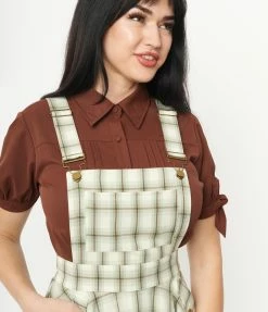 Trending Unique Vintage Ivory & Green Plaid Brionne Pinafore Skirt