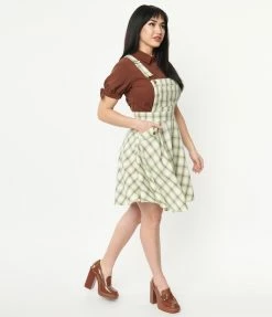 Trending Unique Vintage Ivory & Green Plaid Brionne Pinafore Skirt