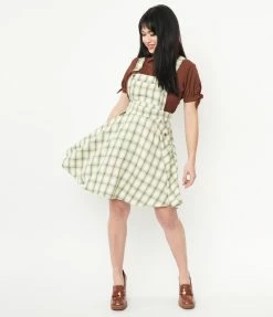 Trending Unique Vintage Ivory & Green Plaid Brionne Pinafore Skirt