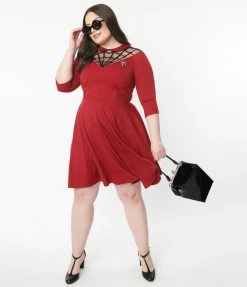 Unique Vintage Plus Size 1950s Burgundy Spiderweb Endora Fit & Flare Dress