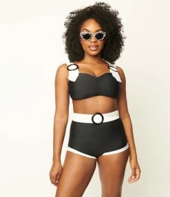 Attempt Inc. (Pinky Pinups) Swimwear 1950s Retro Black & White Buckle Pin-Up Swim Top