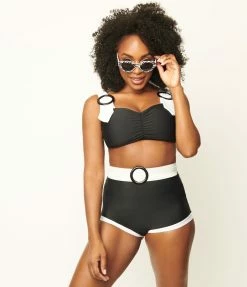 Attempt Inc. (Pinky Pinups) Swimwear 1950s Retro Black & White Buckle Pin-Up Swim Top