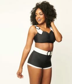 Attempt Inc. (Pinky Pinups) Swimwear Retro Black & White Buckle High Waist Swim Shorts