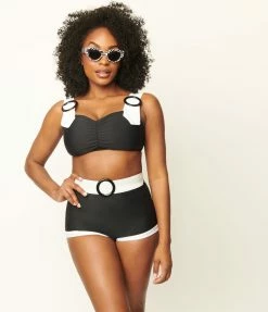 Attempt Inc. (Pinky Pinups) Swimwear Retro Black & White Buckle High Waist Swim Shorts
