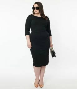 Unique Vintage Plus Size Black Sleeved Mod Wiggle Dress Clothing