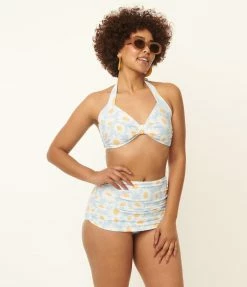 Coral & Jade Apparel, LLC (Bettie Page, Esther Williams, Girl Howdy) Swimwear Esther Williams 1950s Light Blue & White Daisy Print Bikini Set
