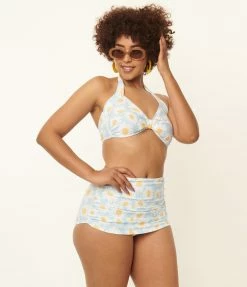 Coral & Jade Apparel, LLC (Bettie Page, Esther Williams, Girl Howdy) Swimwear Esther Williams 1950s Light Blue & White Daisy Print Bikini Set