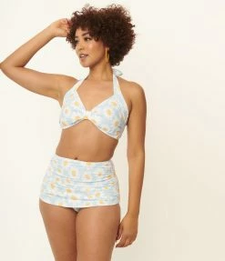 Coral & Jade Apparel, LLC (Bettie Page, Esther Williams, Girl Howdy) Swimwear Esther Williams 1950s Light Blue & White Daisy Print Bikini Set