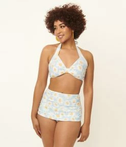 Coral & Jade Apparel, LLC (Bettie Page, Esther Williams, Girl Howdy) Swimwear Esther Williams 1950s Light Blue & White Daisy Print Bikini Set